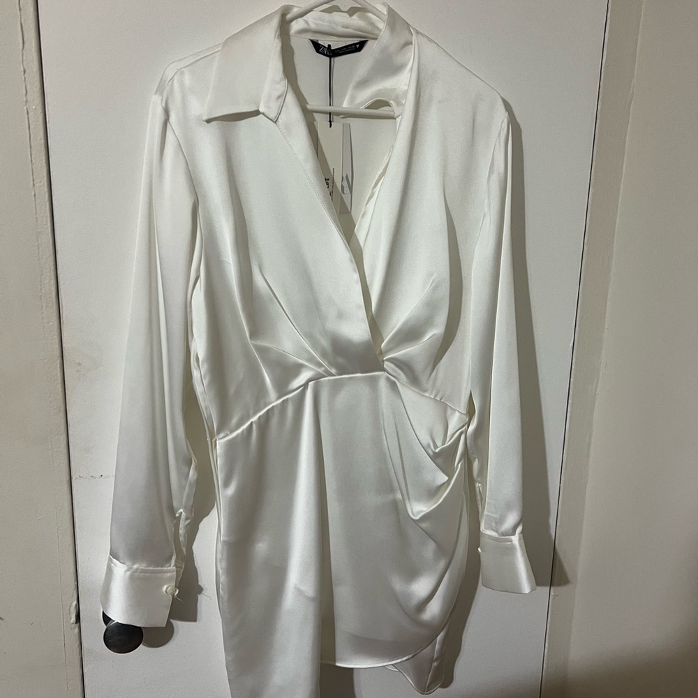 Zara Cream Satin Long Sleeve Dress